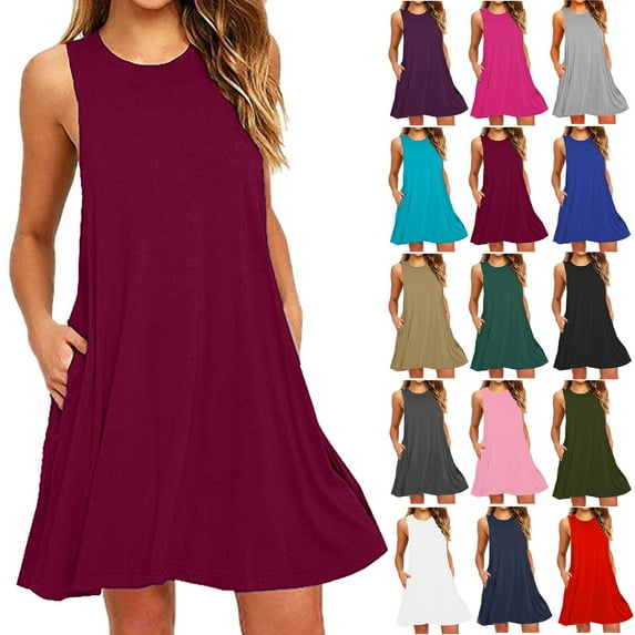 Lenago Women's Plus Size 2025 Summer Dresses Fashion Holiday Summer Solid Color Sleeveless Party Beach Dress With Pocket