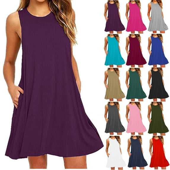 Lenago Women's Plus Size 2025 Summer Dresses Fashion Holiday Summer Solid Color Sleeveless Party Beach Dress With Pocket