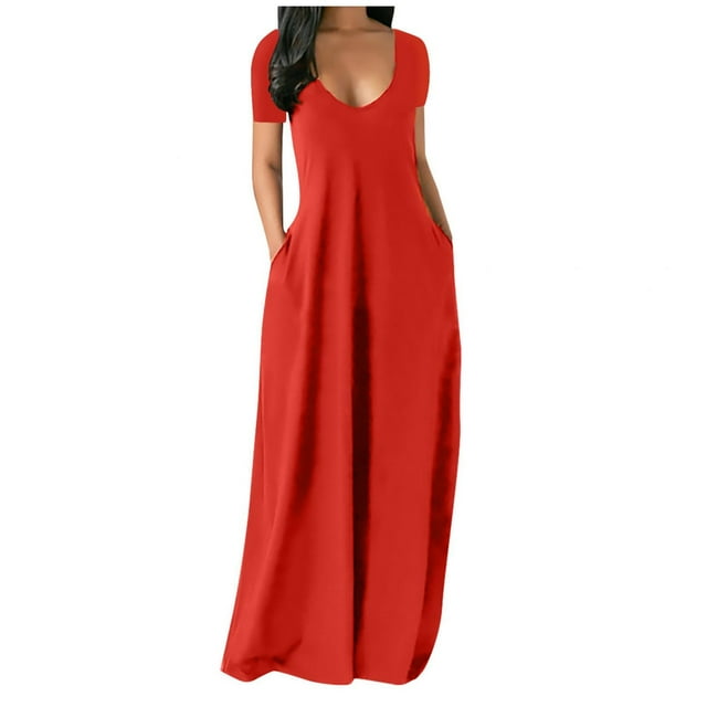 Lenago Women's Plus Size Deep V-Neck Standard-Fit Short Sleeve Solid Maxi Party Dress