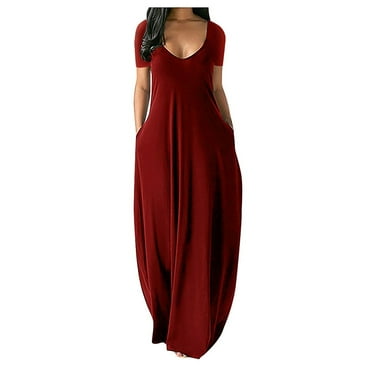 Lenago Women's Plus Size Deep V-Neck Standard-Fit Short Sleeve Solid Maxi Party Dress