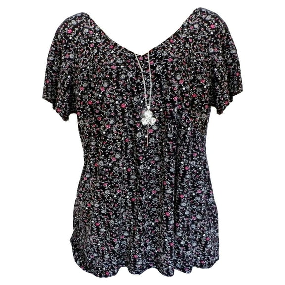 Lenago Women's Plus Size Floral Printed Short Sleeve V-Neck T-Shirt Pleated Casual Flowy Tunic Blouse Tops