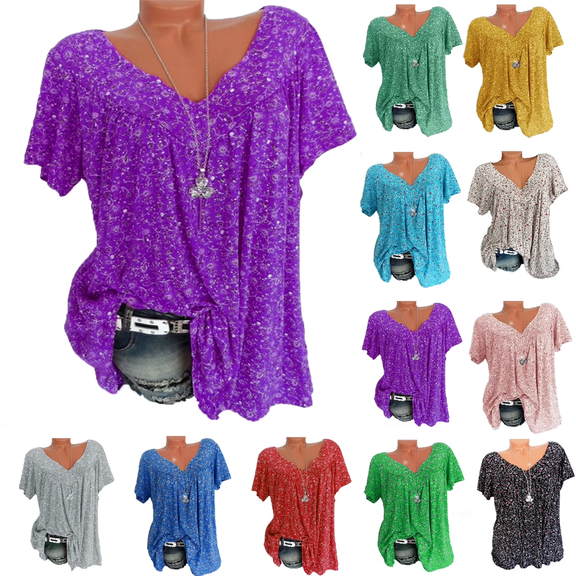 Lenago Women's Plus Size Floral Printed Short Sleeve V-Neck T-Shirt Pleated Casual Flowy Tunic Blouse Tops