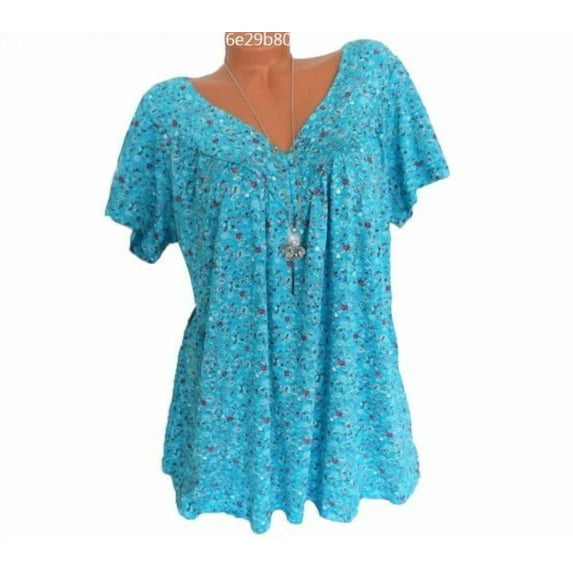 Lenago Women's Plus Size Floral Printed Short Sleeve V-Neck T-Shirt Pleated Casual Flowy Tunic Blouse Tops