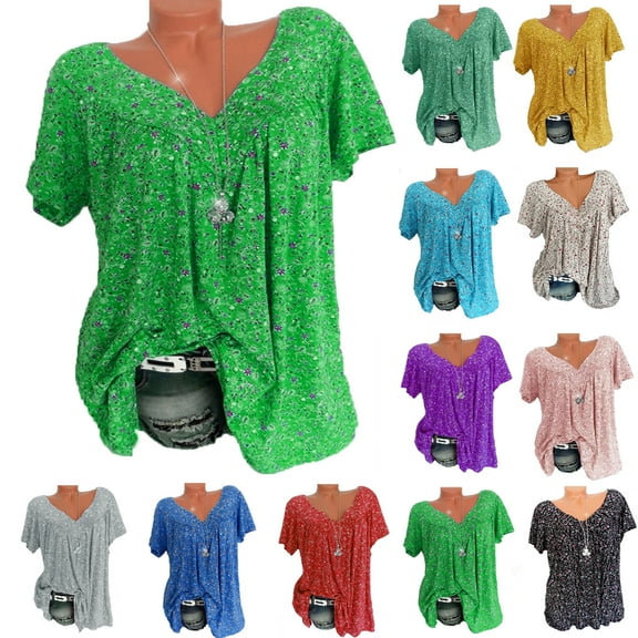 Lenago Women's Plus Size Floral Printed Short Sleeve V-Neck T-Shirt Pleated Casual Flowy Tunic Blouse Tops