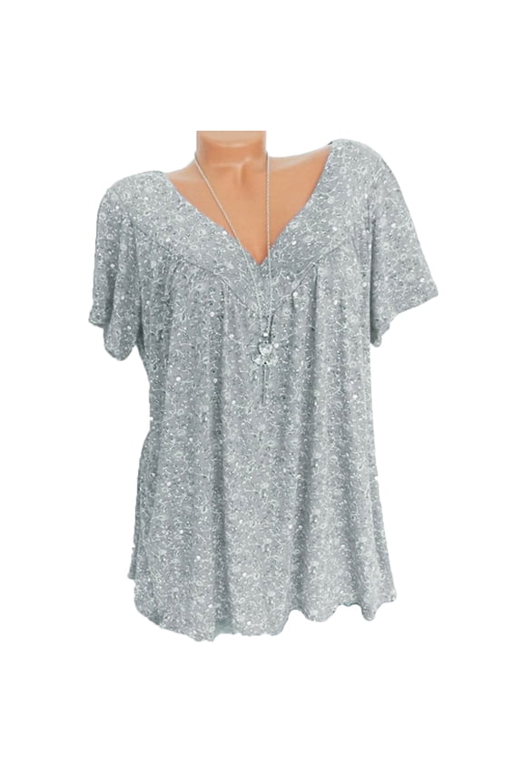 Lenago Women's Plus Size Floral Printed Short Sleeve V-Neck T-Shirt Pleated Casual Flowy Tunic Blouse Tops