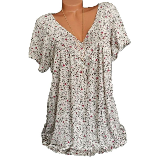 Lenago Women's Plus Size Floral Printed Short Sleeve V-Neck T-Shirt ...