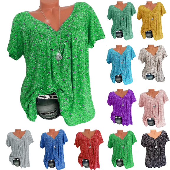 Lenago Women's Plus Size Floral Printed Short Sleeve V-Neck T-Shirt Pleated Casual Flowy Tunic Blouse Tops