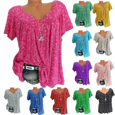 Lenago Women's Plus Size Floral Printed Short Sleeve V-Neck T-Shirt Pleated Casual Flowy Tunic Blouse Tops