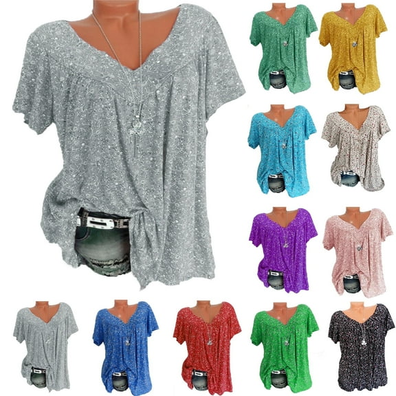Lenago Women's Plus Size Floral Printed Short Sleeve V-Neck T-Shirt Pleated Casual Flowy Tunic Blouse Tops
