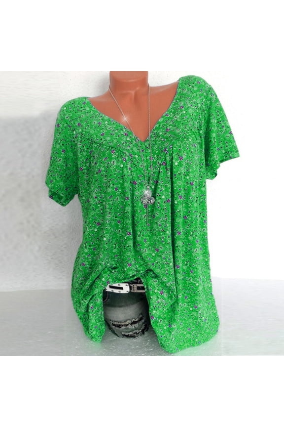 Women's Plus Size Floral Printed Short Sleeve V-Neck T-Shirt Pleated Casual Flowy Tunic Blouse Tops