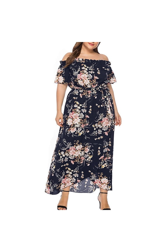 Lenago Women's Plus Size One Shoulder Smocked Cinch Waist Short Sleeve Floral Print Wrap Dress