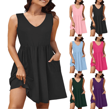 Lenago Women's Plus Size Summer Dresses Fashion Holiday Summer Solid Color Sleeveless Party Beach Dress on Clearance