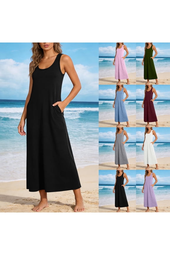Lenago Women's Plus Size Summer Dresses Fashion Holiday Summer Solid Color Sleeveless Party Beach Dress