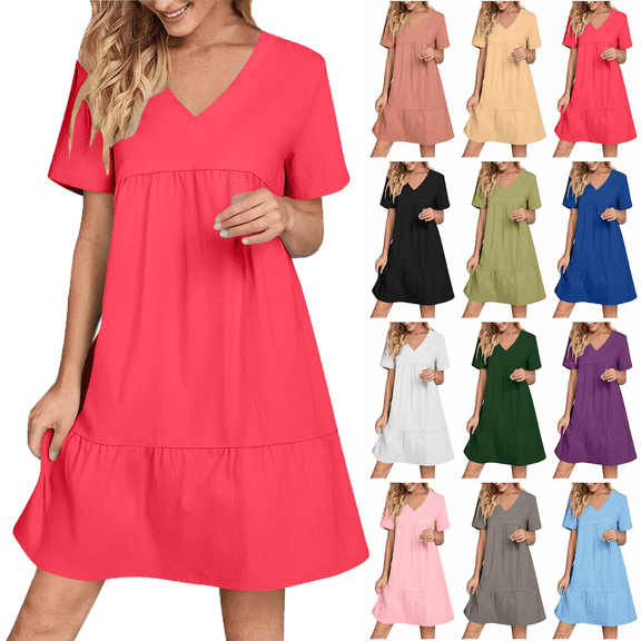 Lenago Women's Plus Size Summer Dresses High Waisted Fashion Holiday Summer Solid Color Short Sleeve Hot Pink Dresses Party Beach Dress