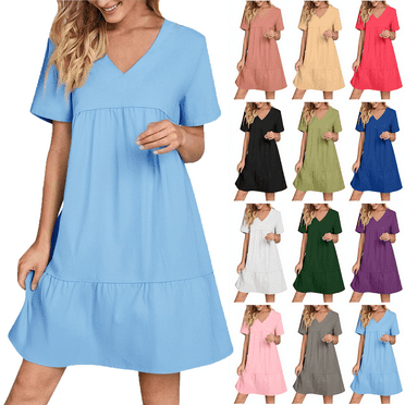 Lenago Women's Plus Size Summer Dresses High Waisted Fashion Holiday Summer Solid Color Short Sleeve Light Blue Dresses Party Beach Dress on Clearance