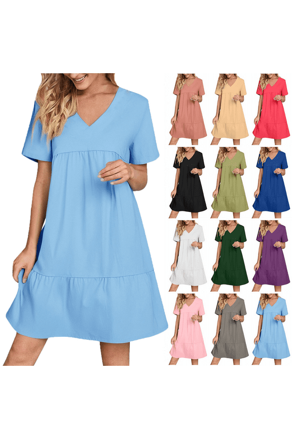 Women's Plus Size Summer Dresses High Waisted Fashion Holiday Summer Solid Color Short Sleeve Light Blue Dresses Party Beach Dress