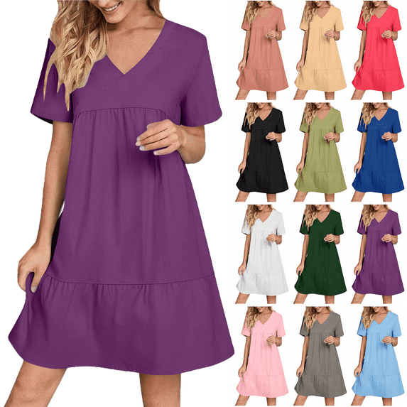 Lenago Women's Plus Size Summer Dresses High Waisted Fashion Holiday Summer Solid Color Short Sleeve Purple Dresses Party Beach Dress