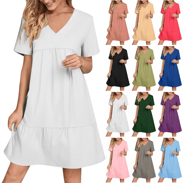 Lenago Women's Plus Size Summer Dresses High Waisted Fashion Holiday Summer Solid Color Short Sleeve White Dresses Party Beach Dress