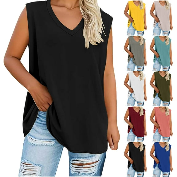 Lenago Women's Plus Size Summer Sleeveless Shirts Casual V-Neck Rollable Blouse Tops Family gifts