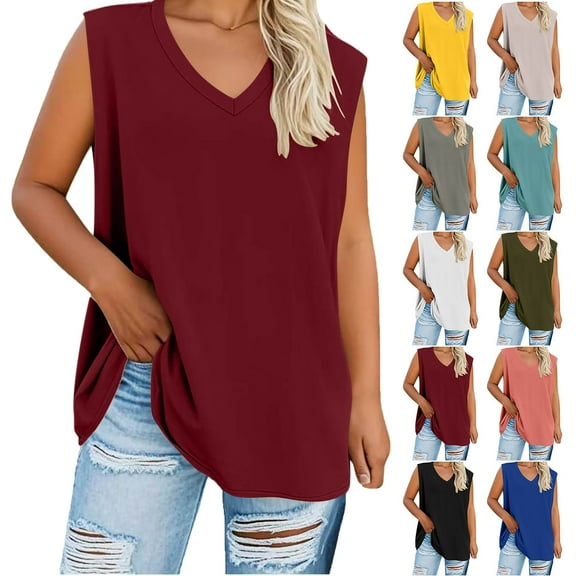 Lenago Women's Plus Size Summer Sleeveless Shirts Casual V-Neck Rollable Blouse Tops Family gifts