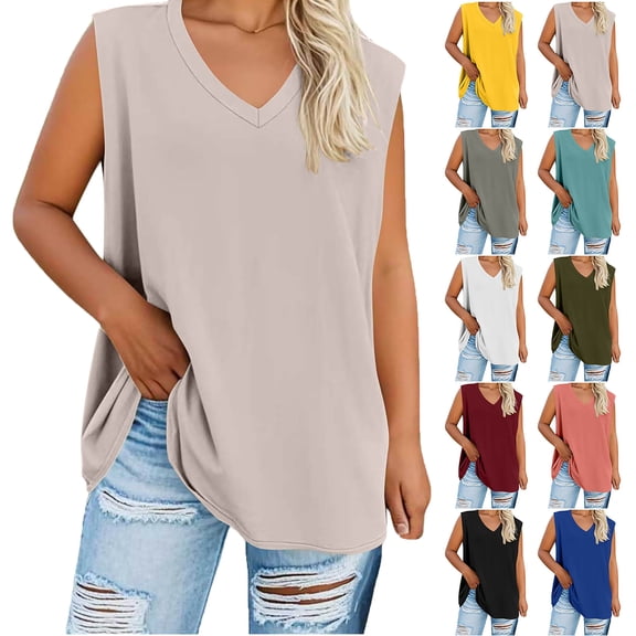 Lenago Women's Plus Size Summer Sleeveless Shirts Casual V-Neck Rollable Blouse Tops Family gifts