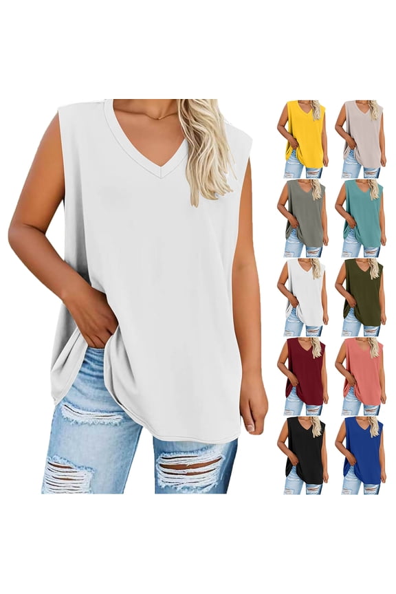 Women's Plus Size Summer Sleeveless Shirts Casual V-Neck Rollable Blouse Tops Family gifts