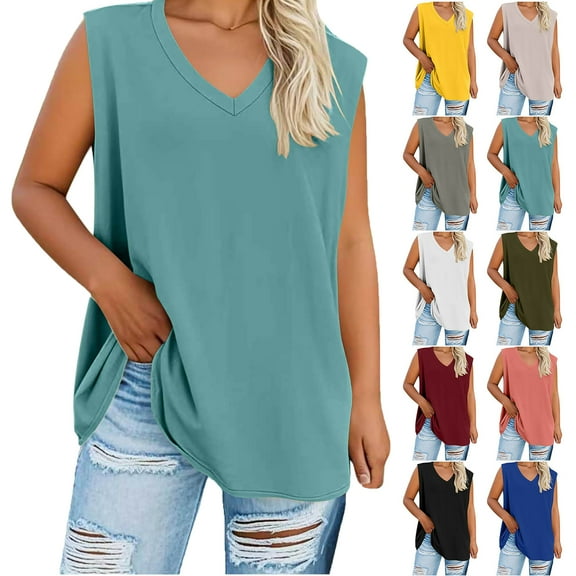 Lenago Women's Plus Size Summer Sleeveless Shirts Casual V-Neck Rollable Blouse Tops Family gifts
