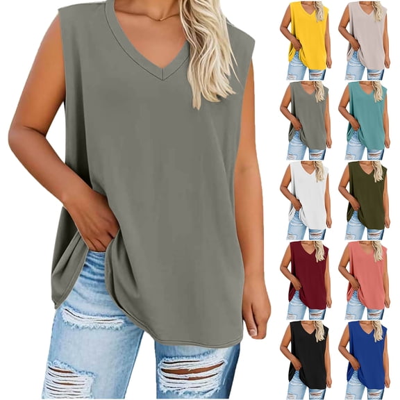 Lenago Women's Plus Size Summer Sleeveless Shirts Casual V-Neck Rollable Blouse Tops Family gifts