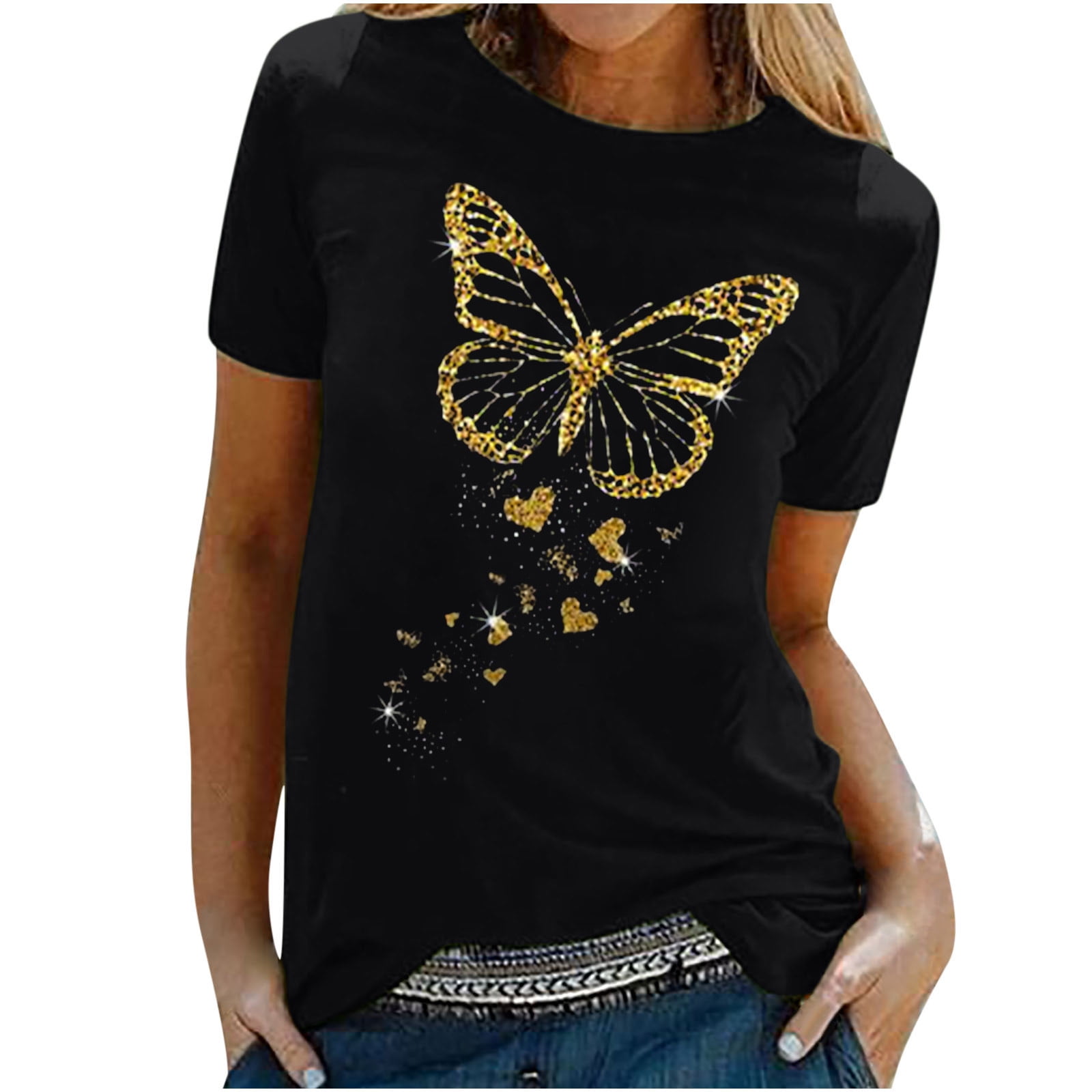 Lenago Women's Shirt Tees Funny Cute Short Sleeve Fall T Shirt Butterfly  Print Shirt Gift Tops Blouse Gift For Women on Clearance