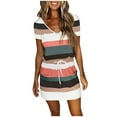 thumbnail image 1 of Lenago Women's Short Sleeve V-Neck Stripe Cinch Waist Midi Knit T - Shirt Dress, 1 of 3
