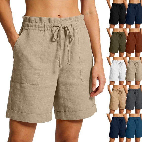 Lenago Women's Shorts Drawstring Casual Summer Shorts, Elastic Waist Loose Short Pants Rolled Cuff Hem With Side Pockets Beachwear
