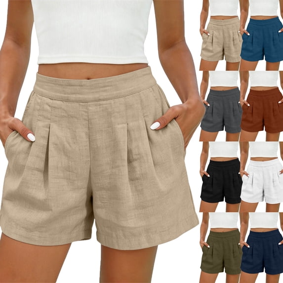 Lenago Women's Shorts Khaki Casual Summer Shorts, Elastic Waist Loose Mid Length Pants with Pockets High Waisted Shorts Pleated Front Side Pockets Solid Color Beachwear