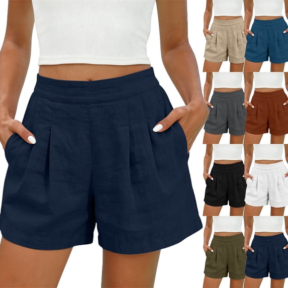Lenago Women's Shorts Khaki Casual Summer Shorts, Elastic Waist Loose Mid Length Pants with Pockets High Waisted Shorts Pleated Front Side Pockets Solid Color Beachwear
