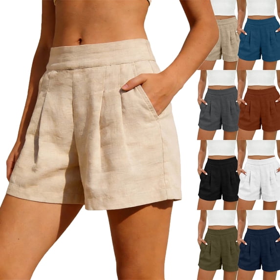 Lenago Women's Shorts Khaki Casual Summer Shorts, Elastic Waist Loose Mid Length Pants with Pockets High Waisted Shorts Pleated Front Side Pockets Solid Color Beachwear