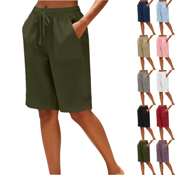 Lenago Women's Shorts Linen Blend Shorts 5 Inch Inseam High Waist Casual Summer Shorts with Button Side Split Pockets