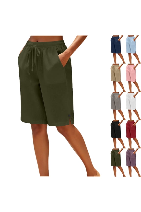Women's Shorts Linen Blend Shorts 5 Inch Inseam High Waist Casual Summer Shorts with Button Side Split Pockets
