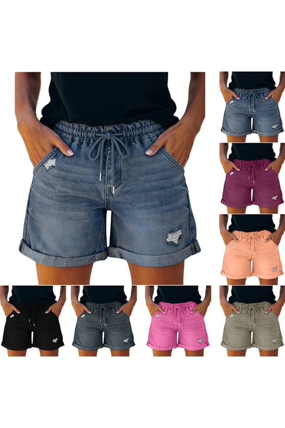Women's Shorts Mid Length Casual Shorts Elastic Waist Loose Summer Pants Distressed Drawstring Double Pocket Slim Skinny Jeans Shorts