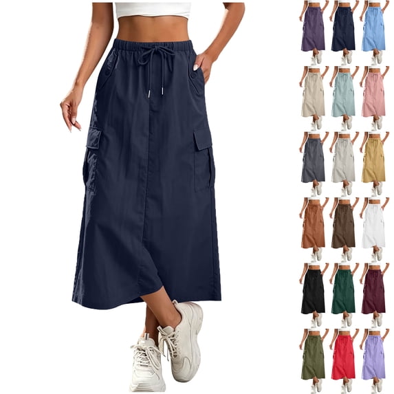 Lenago Women's Skirts High Waisted A Line Midi Skirt Solid Color Loose Fit Summer Casual Skirt Drawstring Elastic Waist Pocket Slit Skirt