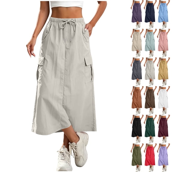 Lenago Women's Skirts High Waisted A Line Midi Skirt Solid Color Loose Fit Summer Casual Skirt Drawstring Elastic Waist Pocket Slit Skirt