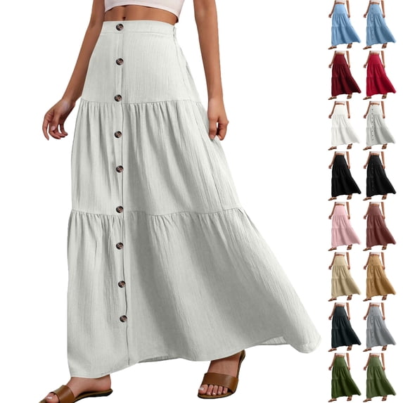 Lenago Women's Skirts Solid Color Button Decoration Casual Elastic High Waist Ruffled Ankle Length Skirts for Women