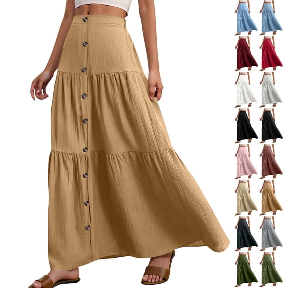 Lenago Women's Skirts Solid Color Button Decoration Casual Elastic High Waist Ruffled Ankle Length Skirts for Women