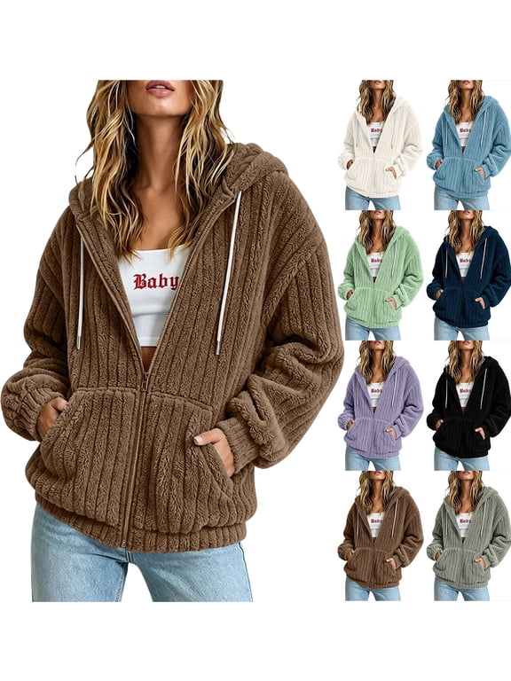 Women's Solid Color Long Sleeved Plush Hooded Zipper With Pocket Loose Casual Jacket 2026 Brown Xxl