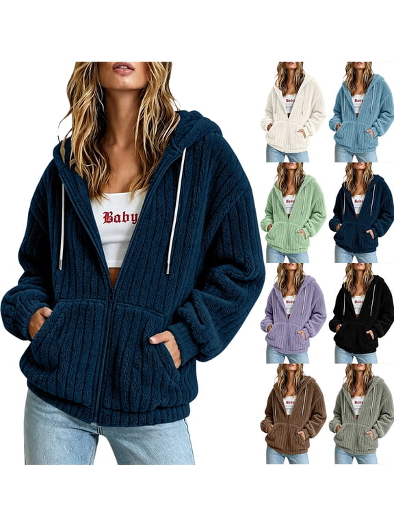 Women's Solid Color Long Sleeved Plush Hooded Zipper With Pocket Loose Casual Jacket 2026 Navy S