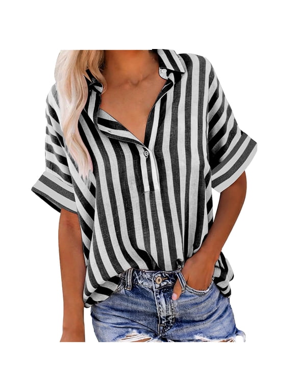 Women's Striped Short Sleeve Button Down Shirt, Casual Work Top