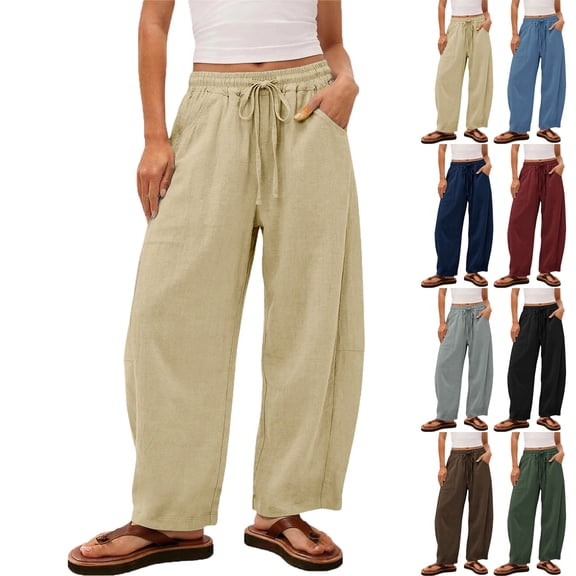 Lenago Women's Striped Wide Leg Pants with Pockets Elastic High Waist Loose Flowy Trousers for Casual Lounge Daily Wear