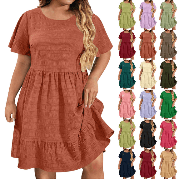 Lenago Women's Summer Dress Plus Size Deep Round Neck Standard-Fit Short Sleeve Casual Loose Tank Dress Party Beach Dress with Pockets Solid Mini Party Dress