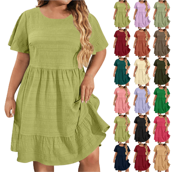 Lenago Women's Summer Dress Plus Size Deep Round Neck Standard-Fit Short Sleeve Casual Loose Tank Dress Party Beach Dress with Pockets Solid Mini Party Dress