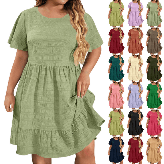 Lenago Women's Summer Dress Plus Size Deep Round Neck Standard-Fit Short Sleeve Casual Loose Tank Dress Party Beach Dress with Pockets Solid Mini Party Dress
