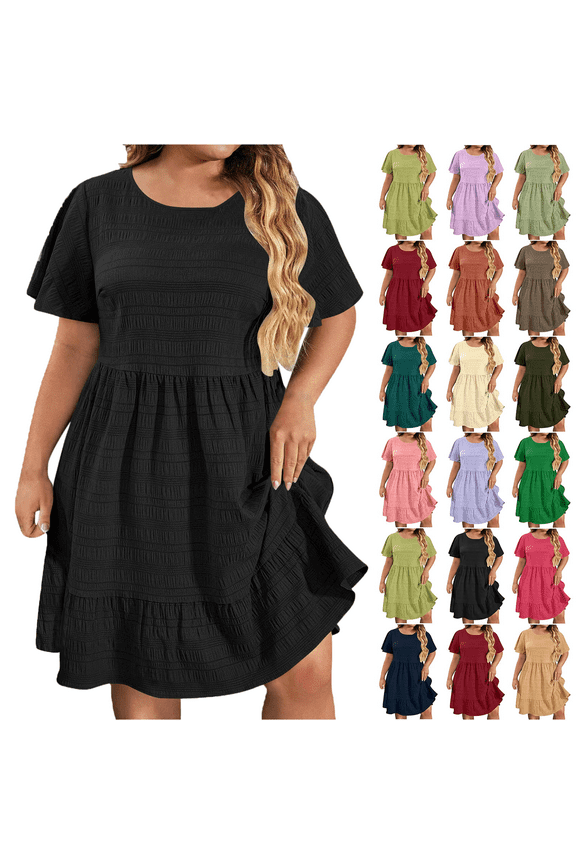 Women's Summer Dress Plus Size Deep Round Neck Standard-Fit Short Sleeve Casual Loose Tank Dress Party Beach Dress with Pockets Solid Mini Party Dress
