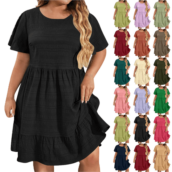 Lenago Women's Summer Dress Plus Size Deep Round Neck Standard-Fit Short Sleeve Casual Loose Tank Dress Party Beach Dress with Pockets Solid Mini Party Dress